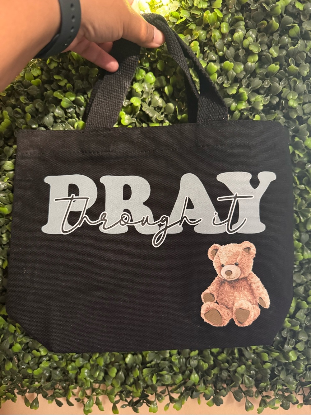 Black 'Pray Through It' Tote with Teddy Bear Graphic